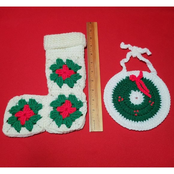 Christmas Stockings Ornament Knit Crochet Handmade Set of 4 - Picture 9 of 12
